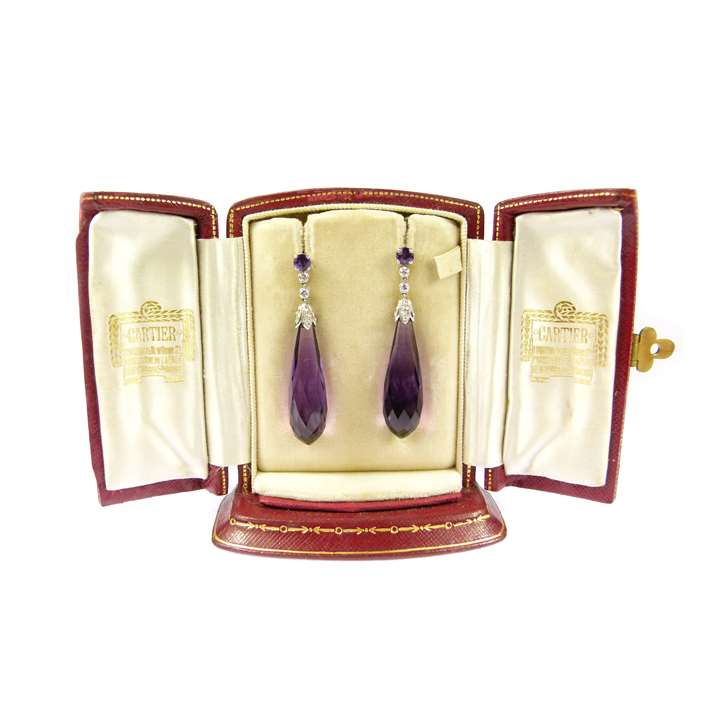 Pair of early 20th century amethyst and diamond pendant earrings